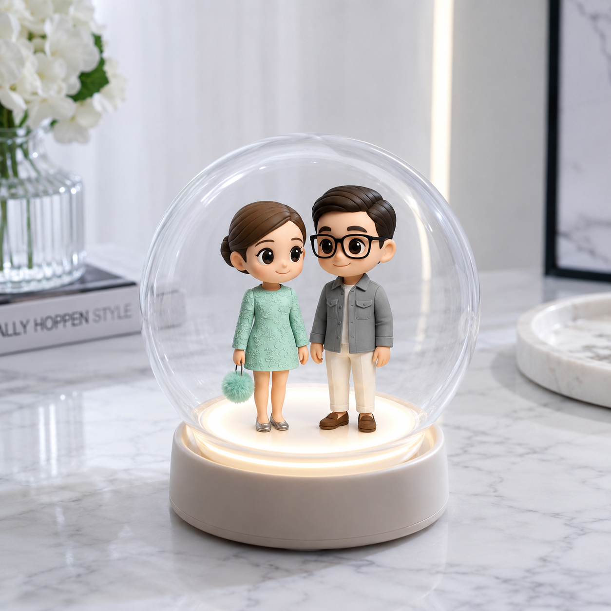 Custom 3D Figure Night Light from Photo with Glass Dome & Auto Sensor Personalized Unique Gift for Couples Family