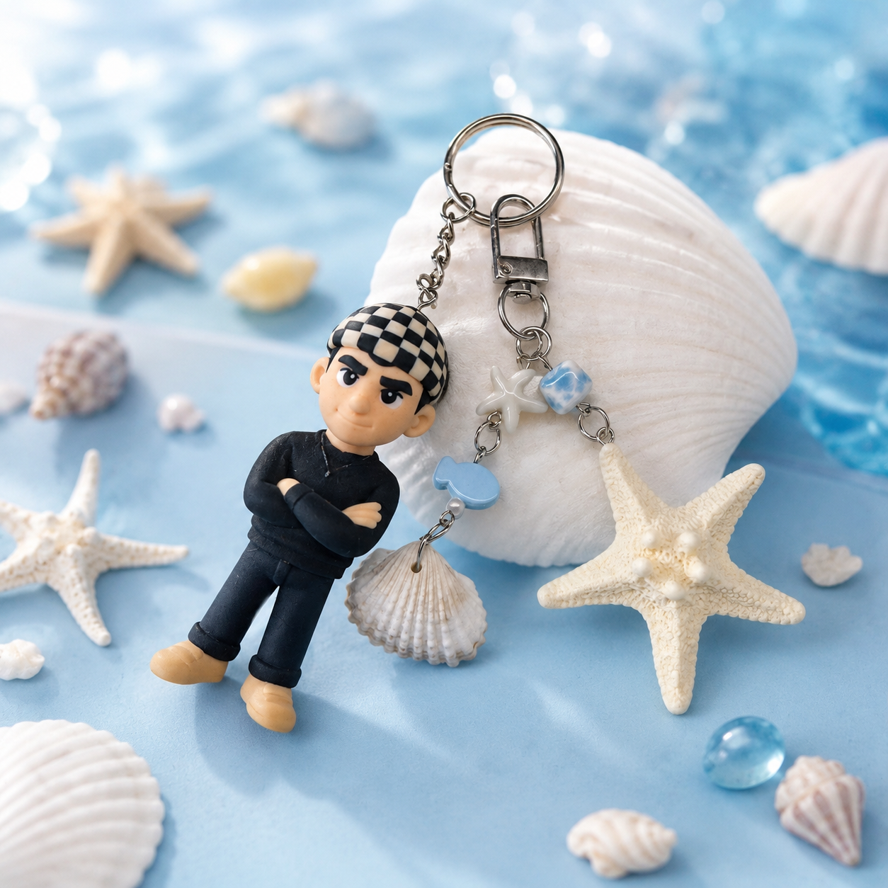 Custom 3D Keychain Figure from Photo with Beach Charms Personalized Couple Keychain Unique & Memorable Gift
