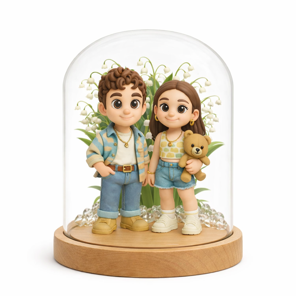 Custom 3D Figure Night Light with Lily of the Valley Glass Dome Personalized Photo Gift for Mom Wife Anniversary Bedroom Lamp