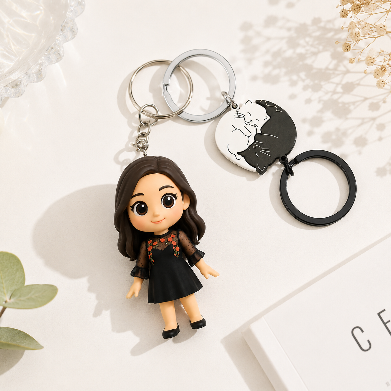 Custom 3D Couple Figure Keychain from Photo with Cat Puzzle Personalized Figurine Cartoon Gift for Couples Anniversary Birthday