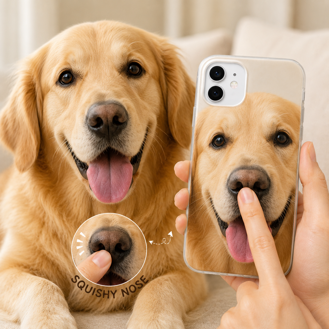 Custom Pet Dog Photo Phone Case with 3D Squishy Nose, Personalized Squeeze Nose With Name iPhone Case
