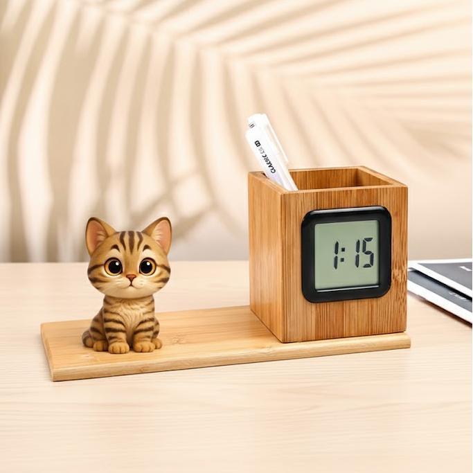 Custom 3D Mini Figure Wooden Pen Holder Clock Personalized Desk Organizer with LED Time Display Unique Gift for Birthday