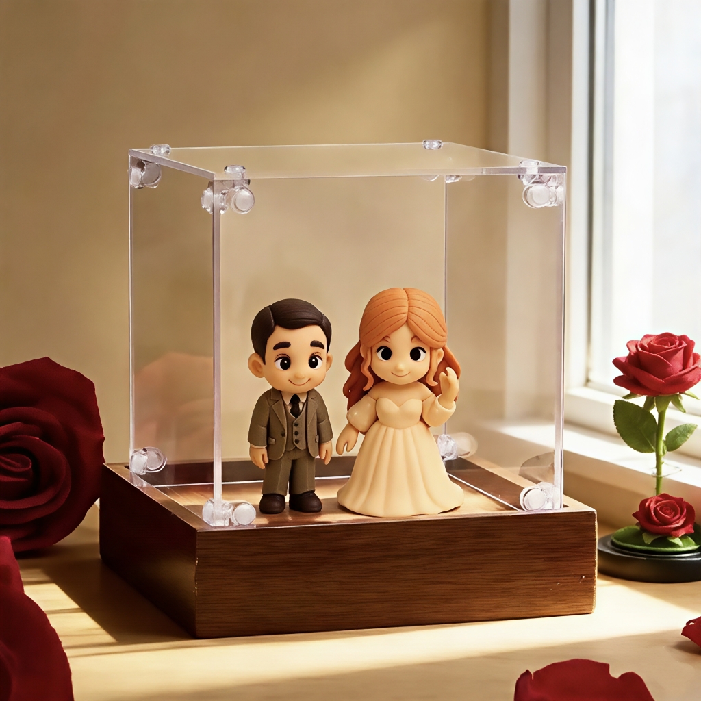 Custom 3D Figurine in Acrylic Display Case with Wooden Base From Your Photo Personalized Romantic Gift for Anniversary Wedding Valentine