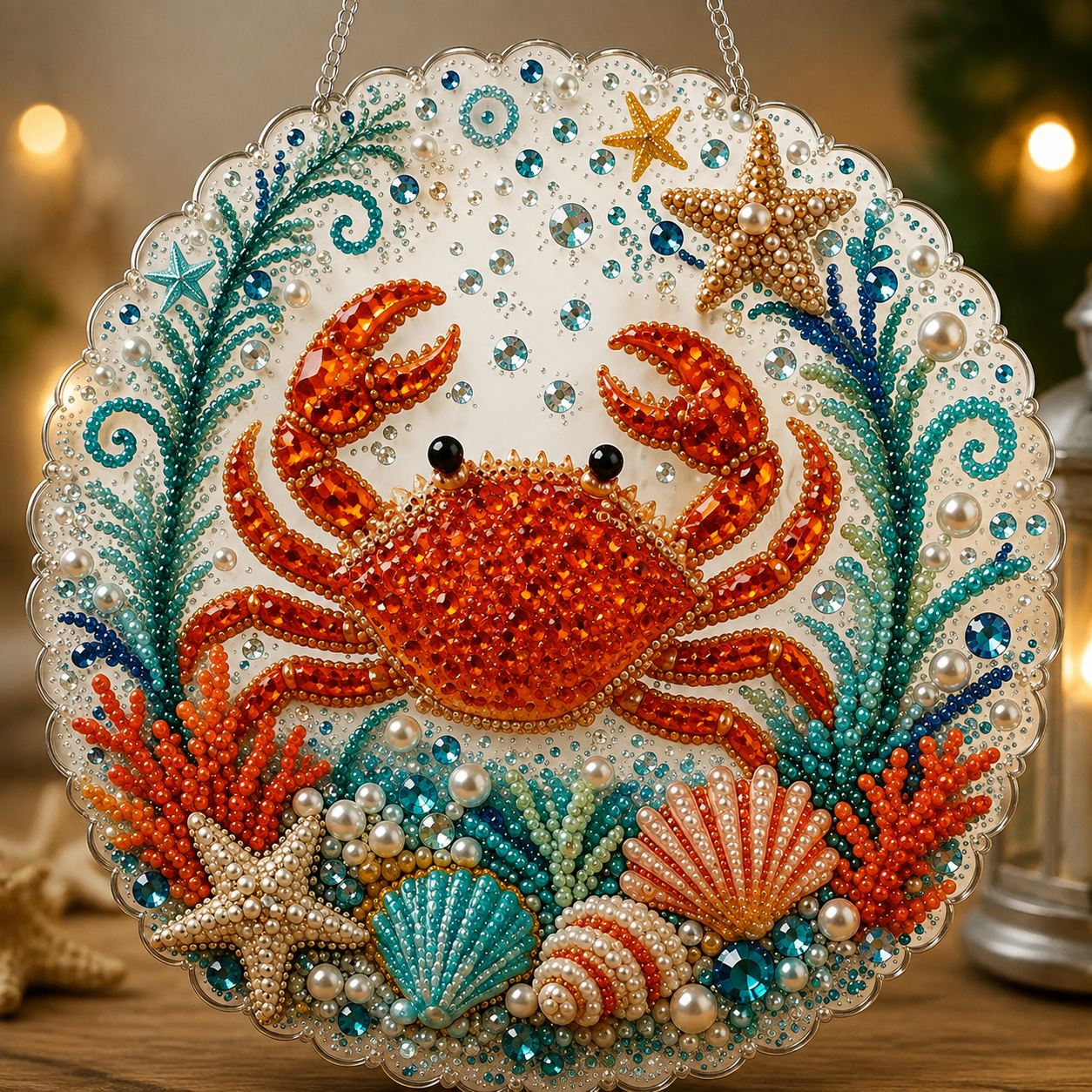 Ocean-Themed DIY Pearl and Rhinestone Mosaic Hanging Ornament—Octopus-Shaped Wall Decor for Coastal-Style Homes