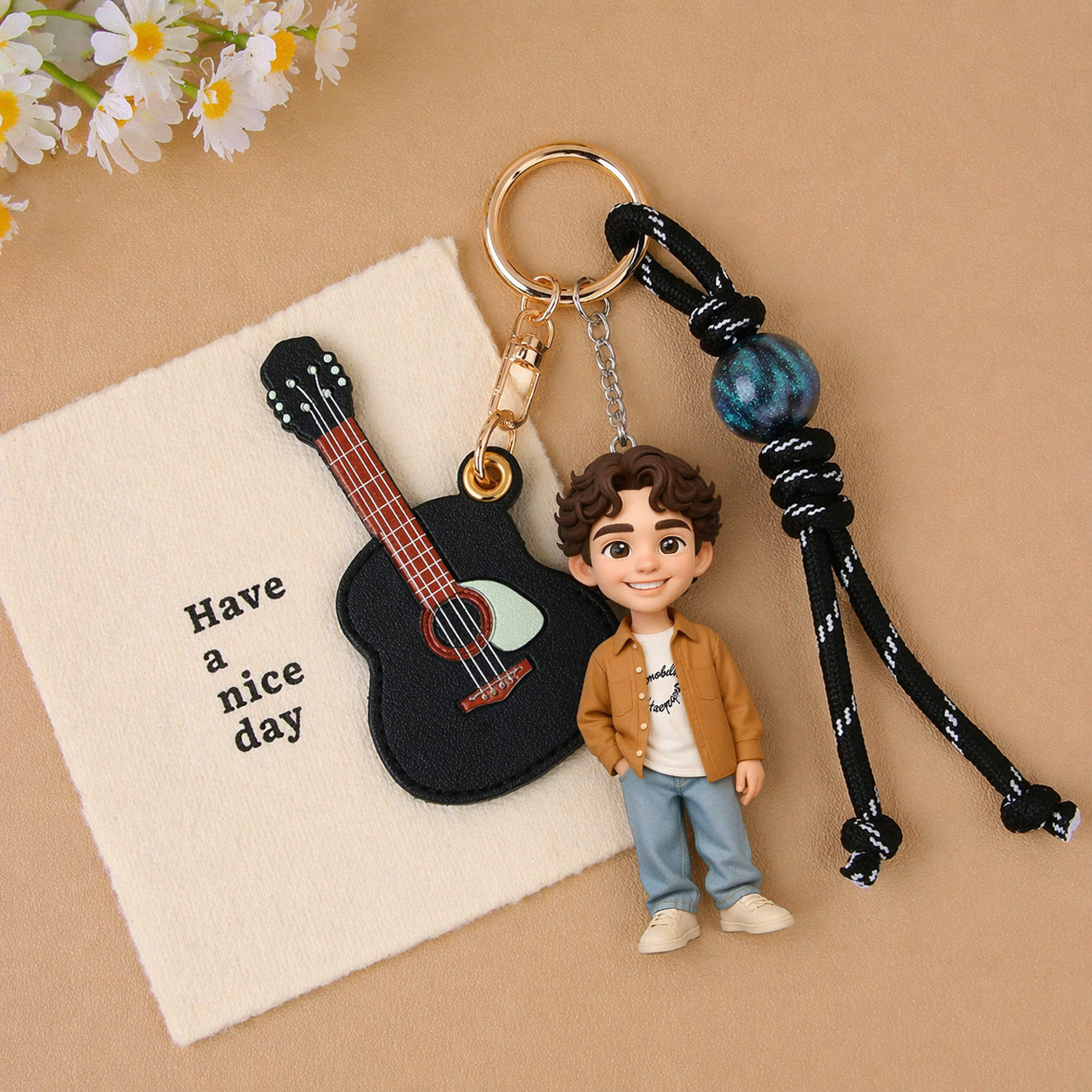 Custom 3D Keychain Figure from Photo Personalized Mini Figure Guitar Theme Gift for Him Birthday Anniversary Gift