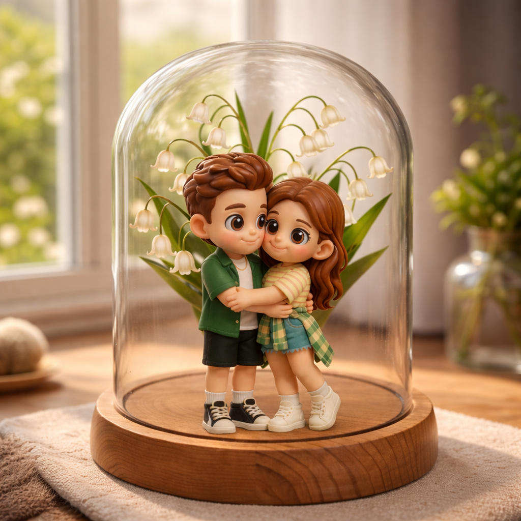 Custom 3D Figure Night Light with Lily of the Valley Glass Dome Personalized Photo Gift for Mom Wife Anniversary Bedroom Lamp