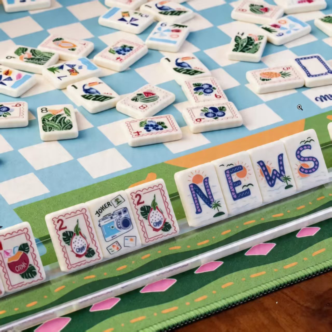 Luxury Travel Mahjong Tiles — 160 Slim Acrylic Tiles with Blue & White Checkered Design