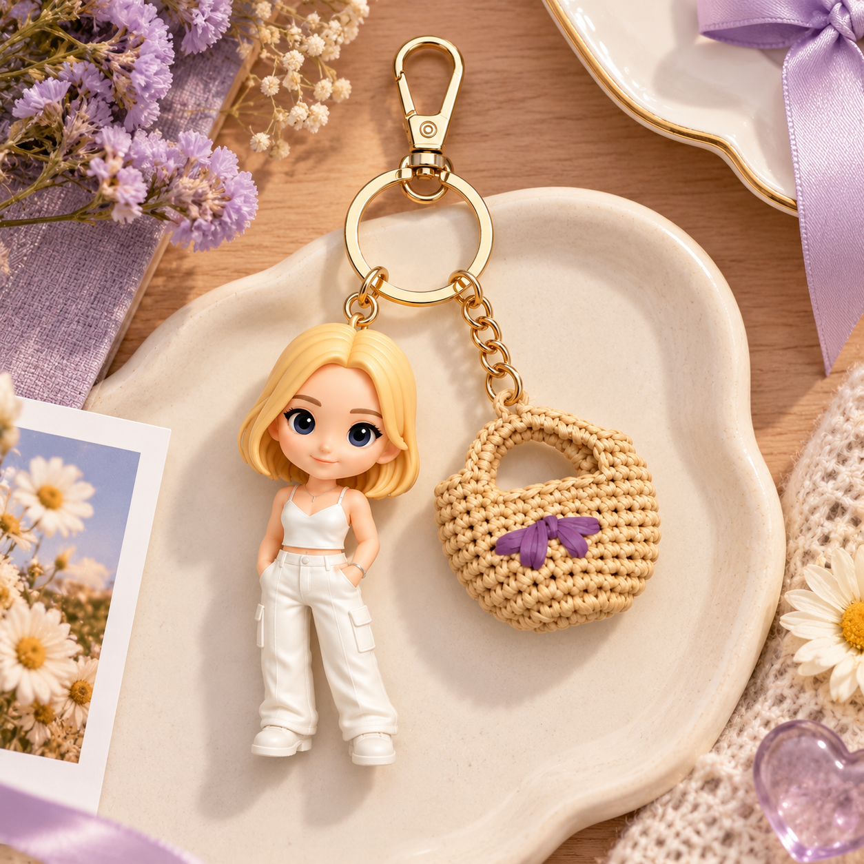 Custom 3D Keychain Figure with Woven Bag Charm Personalized Photo Gift for Lover