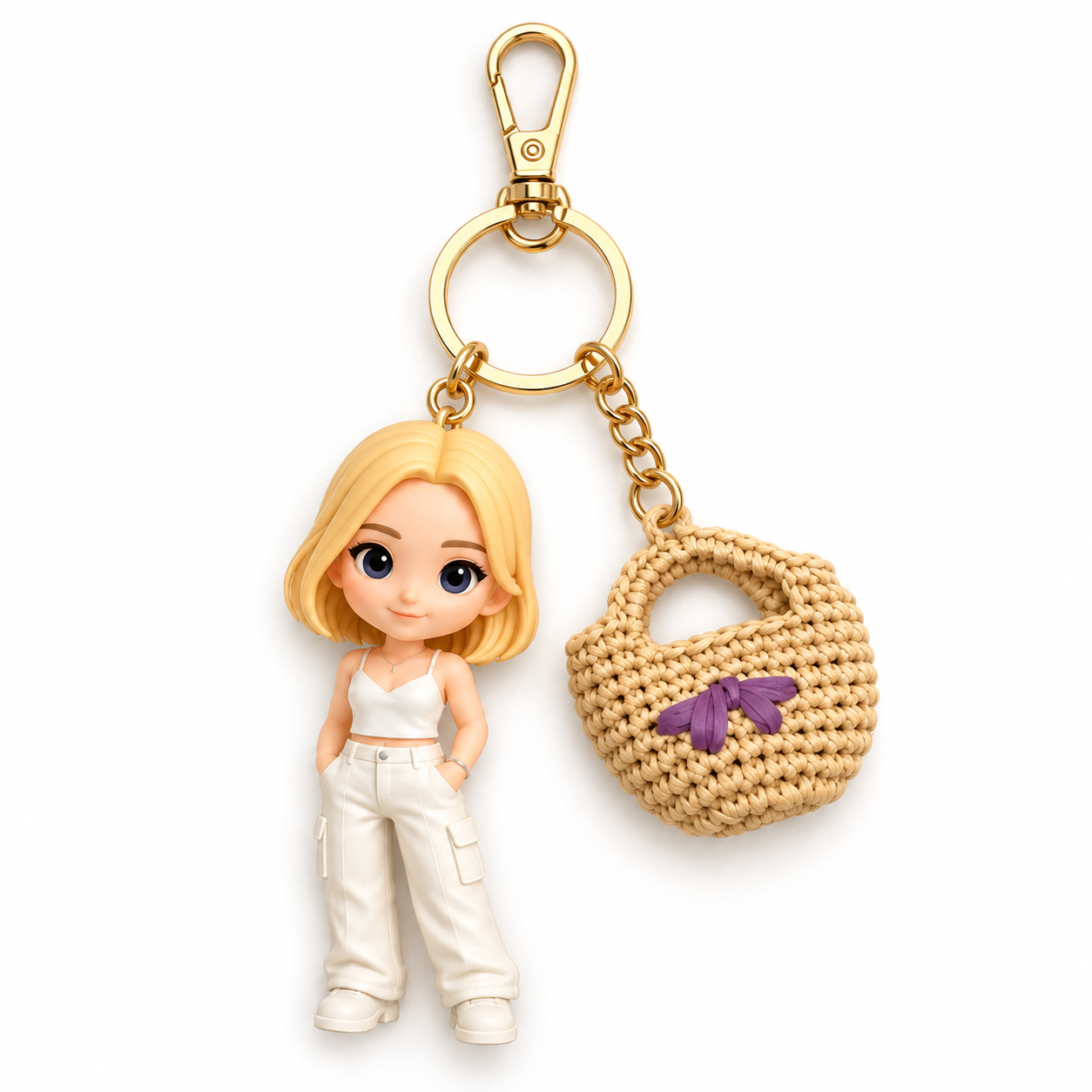 Custom 3D Keychain Figure with Woven Bag Charm Personalized Photo Gift for Lover