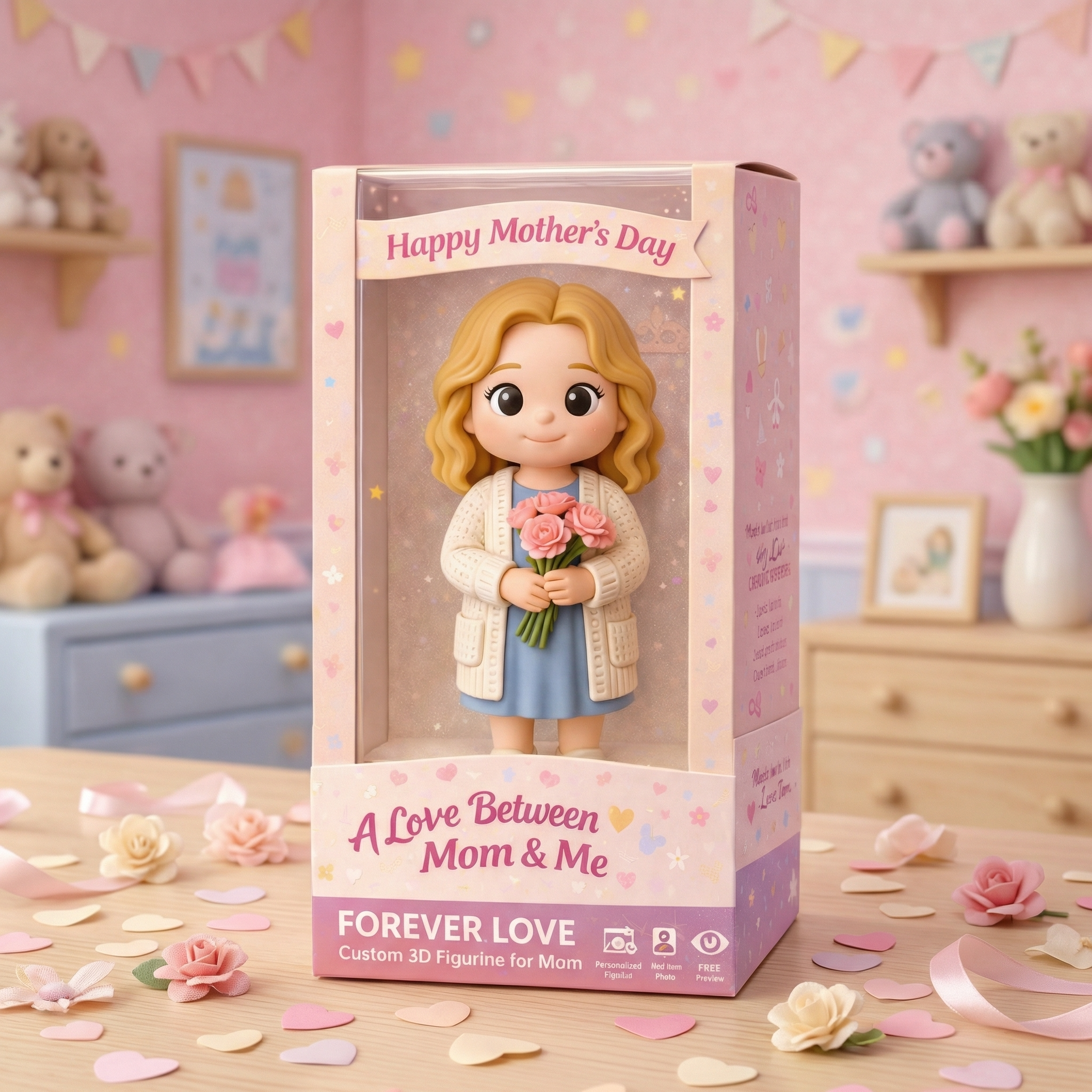Personalized Cartoon 3D Figurine from Photo Mother’s Day Custom Mom & Baby Cute Chibi Style Figure Gift with Floral Box