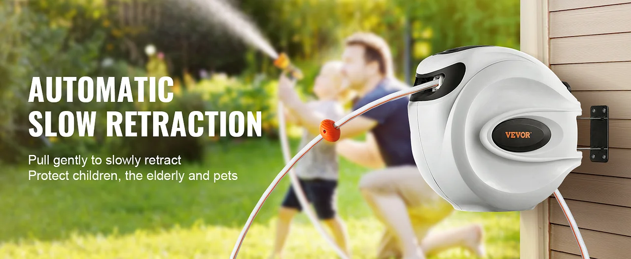 VEVOR retractable hose reel attached to a house, promoting automatic slow retraction in a garden.
