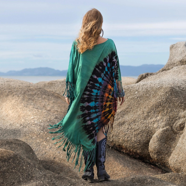Green Tie-Dye Fringe Tunic Dress
