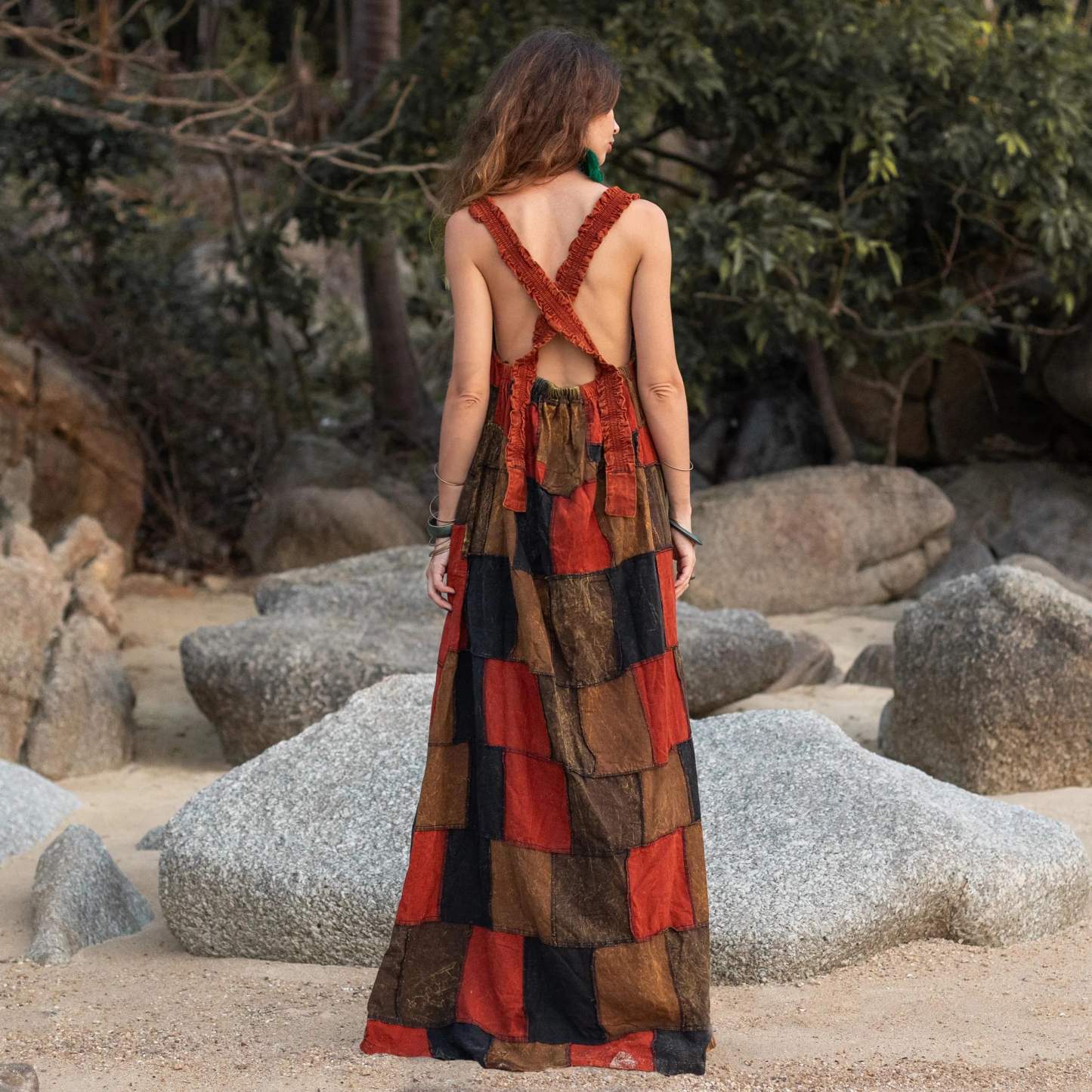 Plus Size Boho Apron Maxi Dress –Patchwork Sundress with Pockets