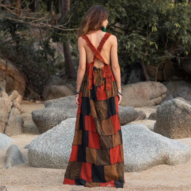 Plus Size Boho Apron Maxi Dress –Patchwork Sundress with Pockets