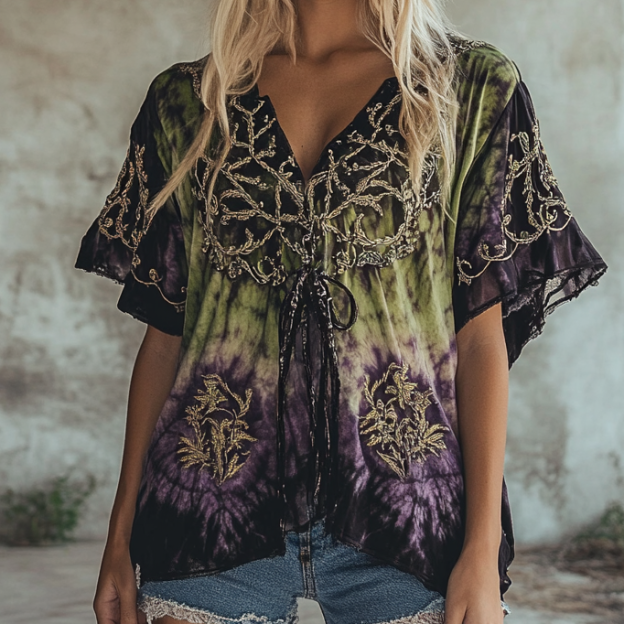 Ethnic handmade star and moon embroidery irregular off-shoulder top e786