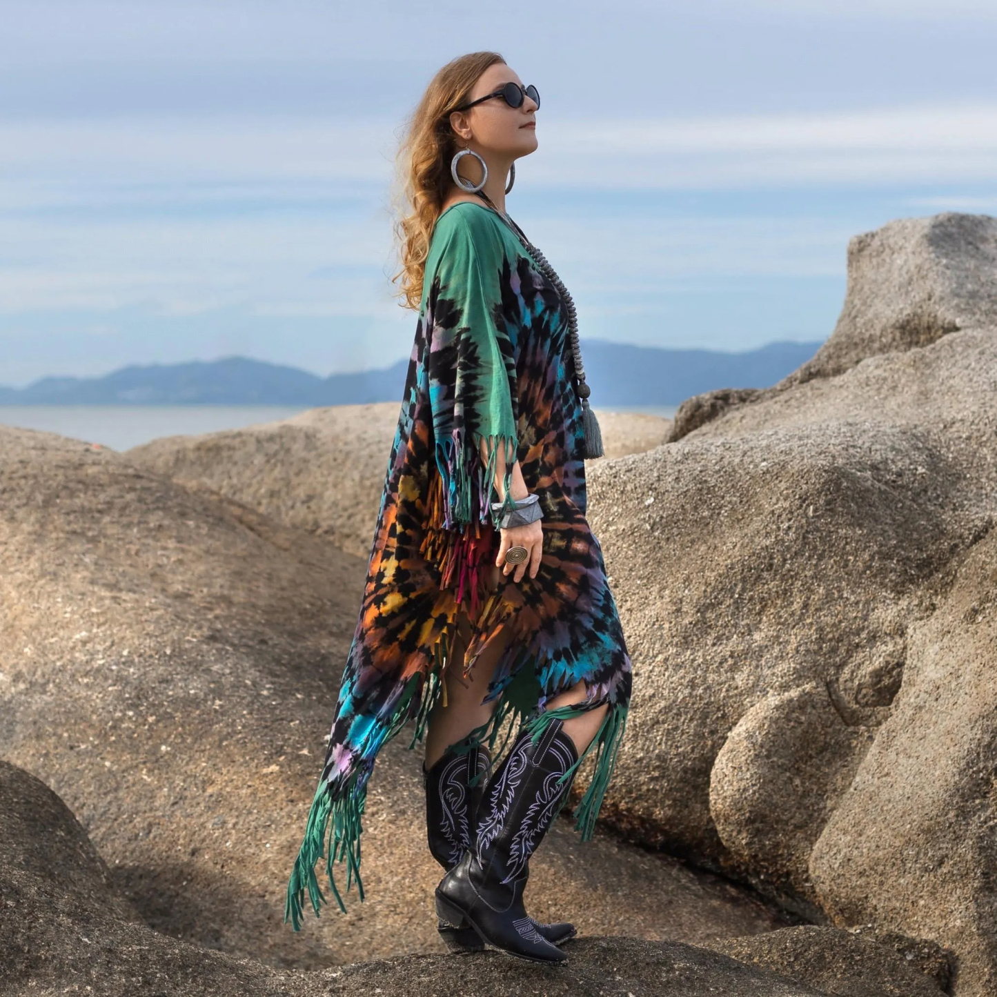 Green Tie-Dye Fringe Tunic Dress