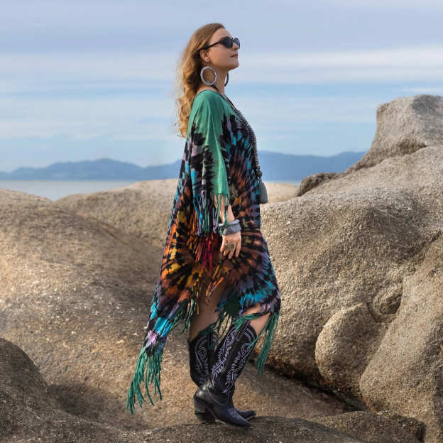 Green Tie-Dye Fringe Tunic Dress
