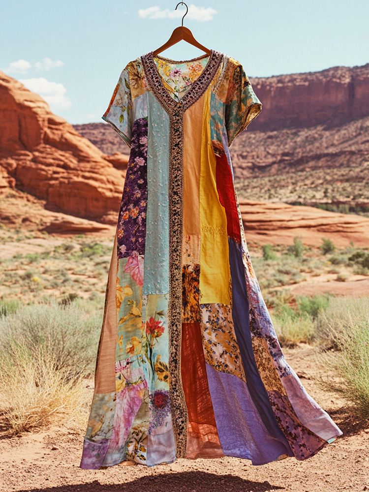 Women's Vintage Patchwork Flower Print Loose Midi Dress