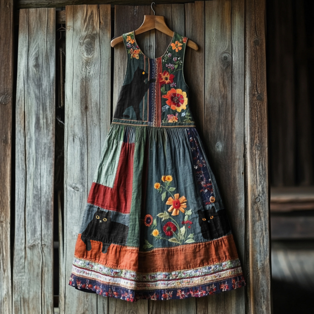 Vintage Black Cat  Floral Linen Tank Dress