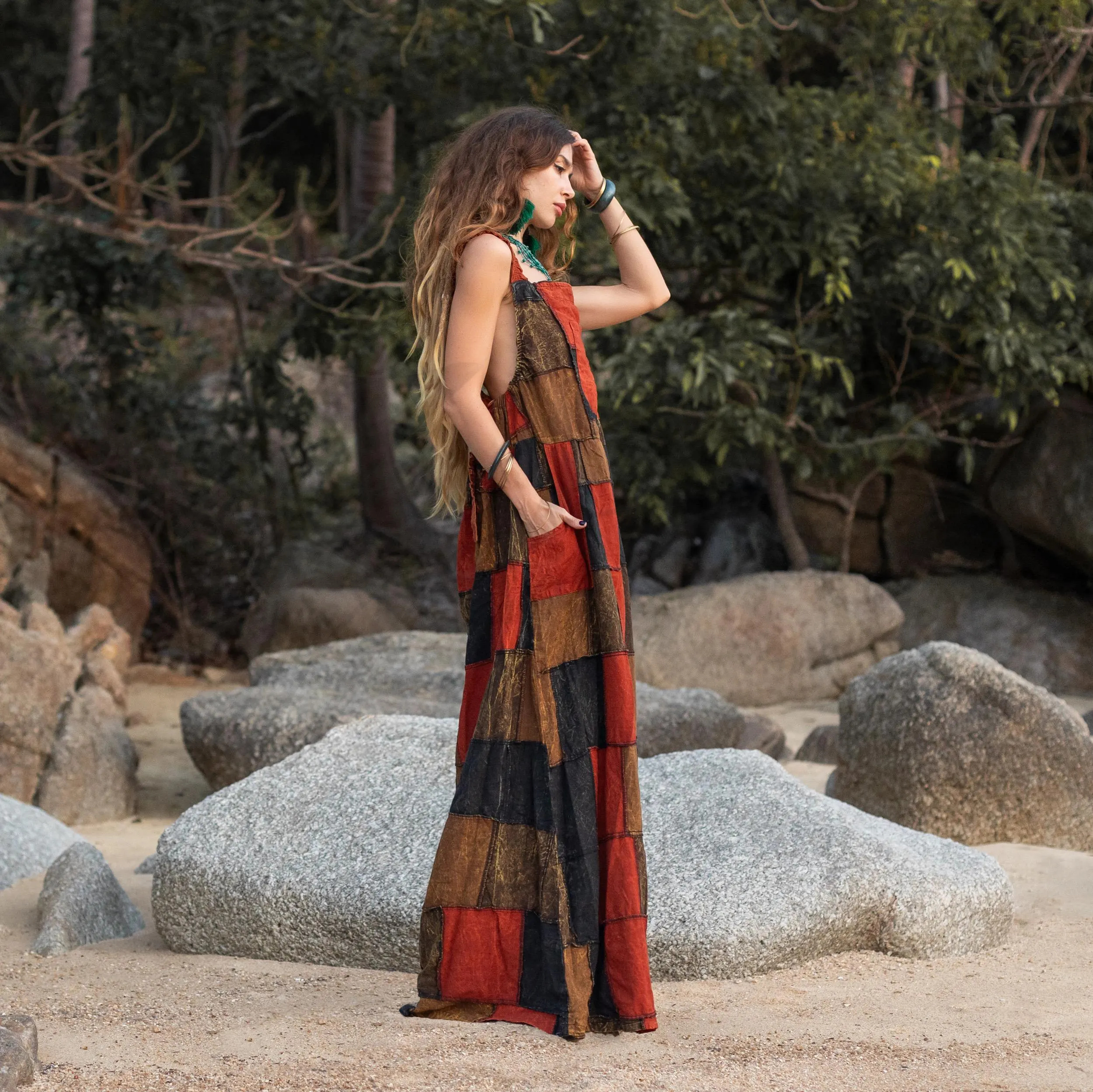Plus Size Boho Apron Maxi Dress –Patchwork Sundress with Pockets