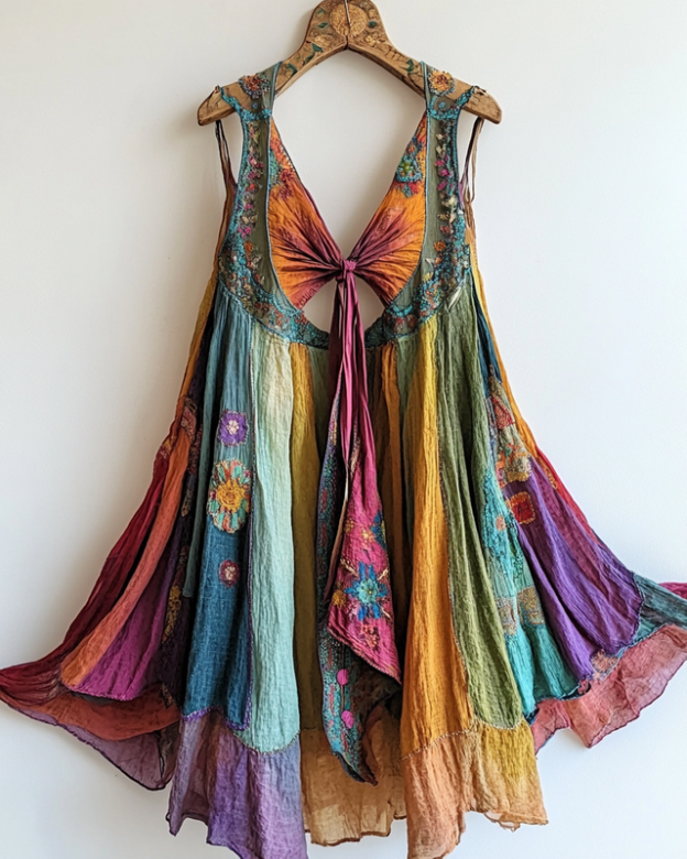 Vacation Handmade Bow Color-Blocking Rainbow Irregular Dress 7d88