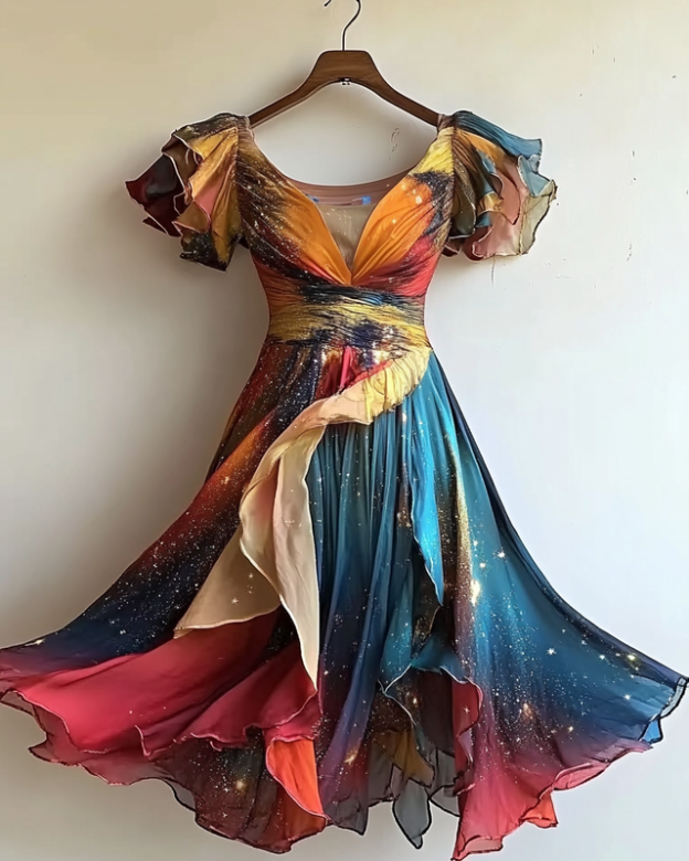 Vacation Handmade Color-Blocking Rainbow Irregular Dress 8aba