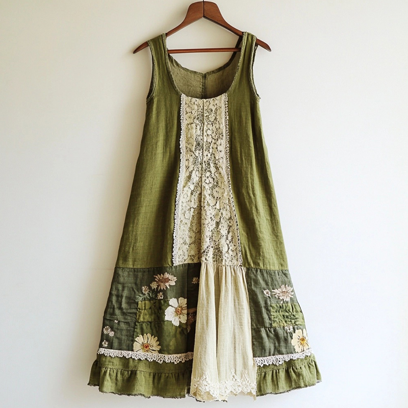 Boho Floral Pattern Linen Lace Patchwork Dress