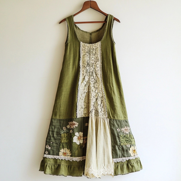 Boho Floral Pattern Linen Lace Patchwork Dress