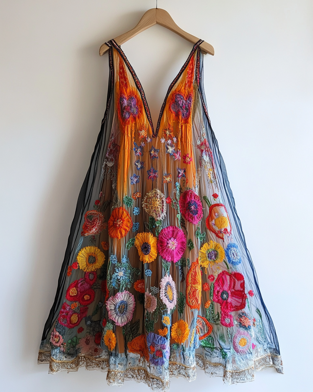 Handmade color block gradient rainbow floral embroidery mesh dress 555e