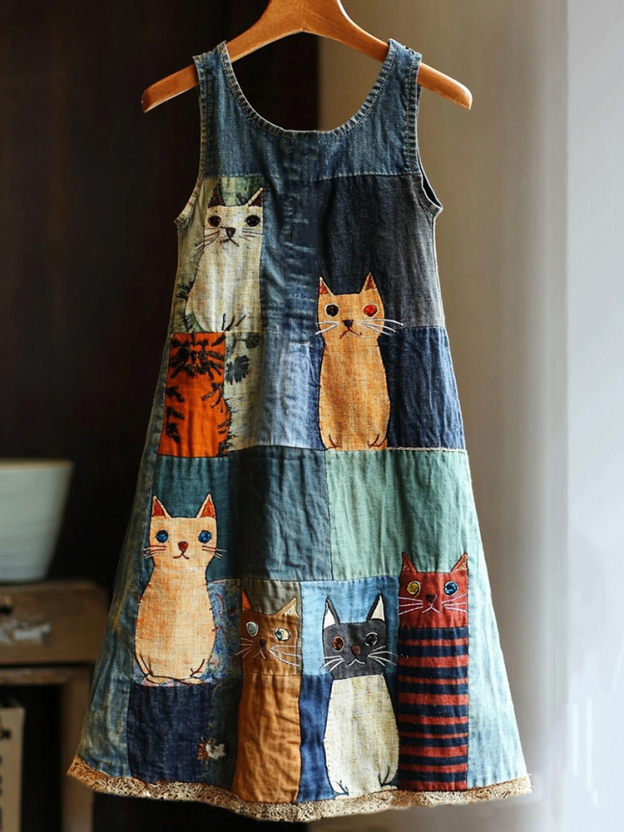 Casual Pop Art Patchwork Cotton and Linen Cat Dress