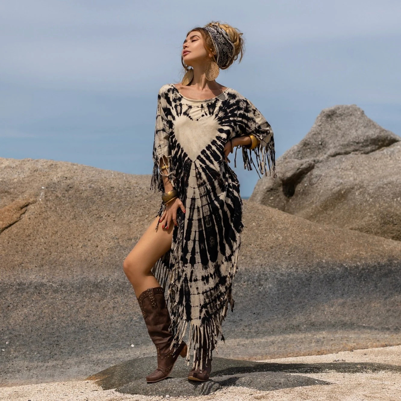 White Heart Tie-Dye Fringe Tunic Dress