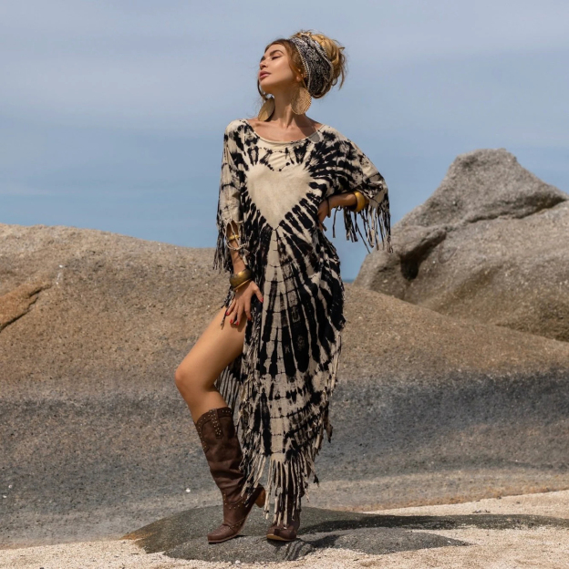 White Heart Tie-Dye Fringe Tunic Dress