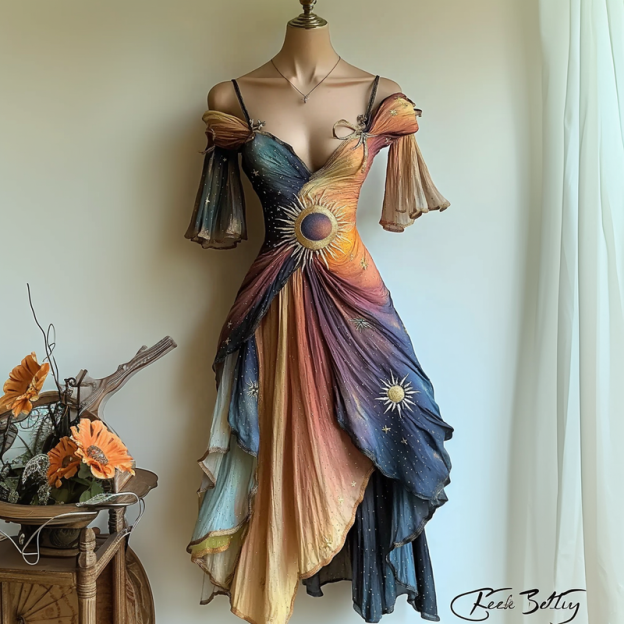 Hand-made color matching star and moon embroidery irregular dress 6bf6