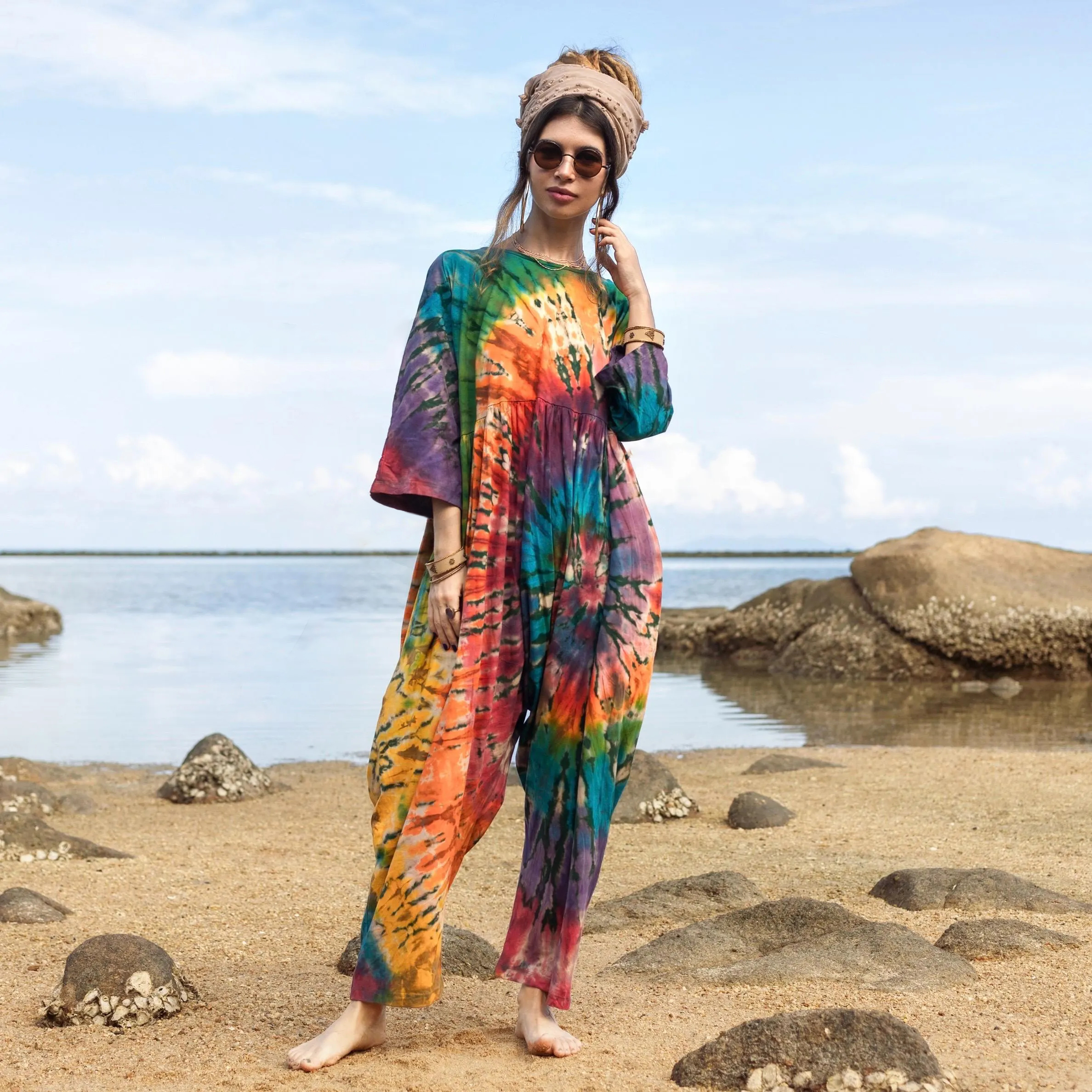 Solar Swirl Plus Size Tie-Dye Jumpsuit – Handcrafted Boho Harem Romper for Festivals