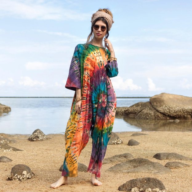 Solar Swirl Plus Size Tie-Dye Jumpsuit – Handcrafted Boho Harem Romper for Festivals