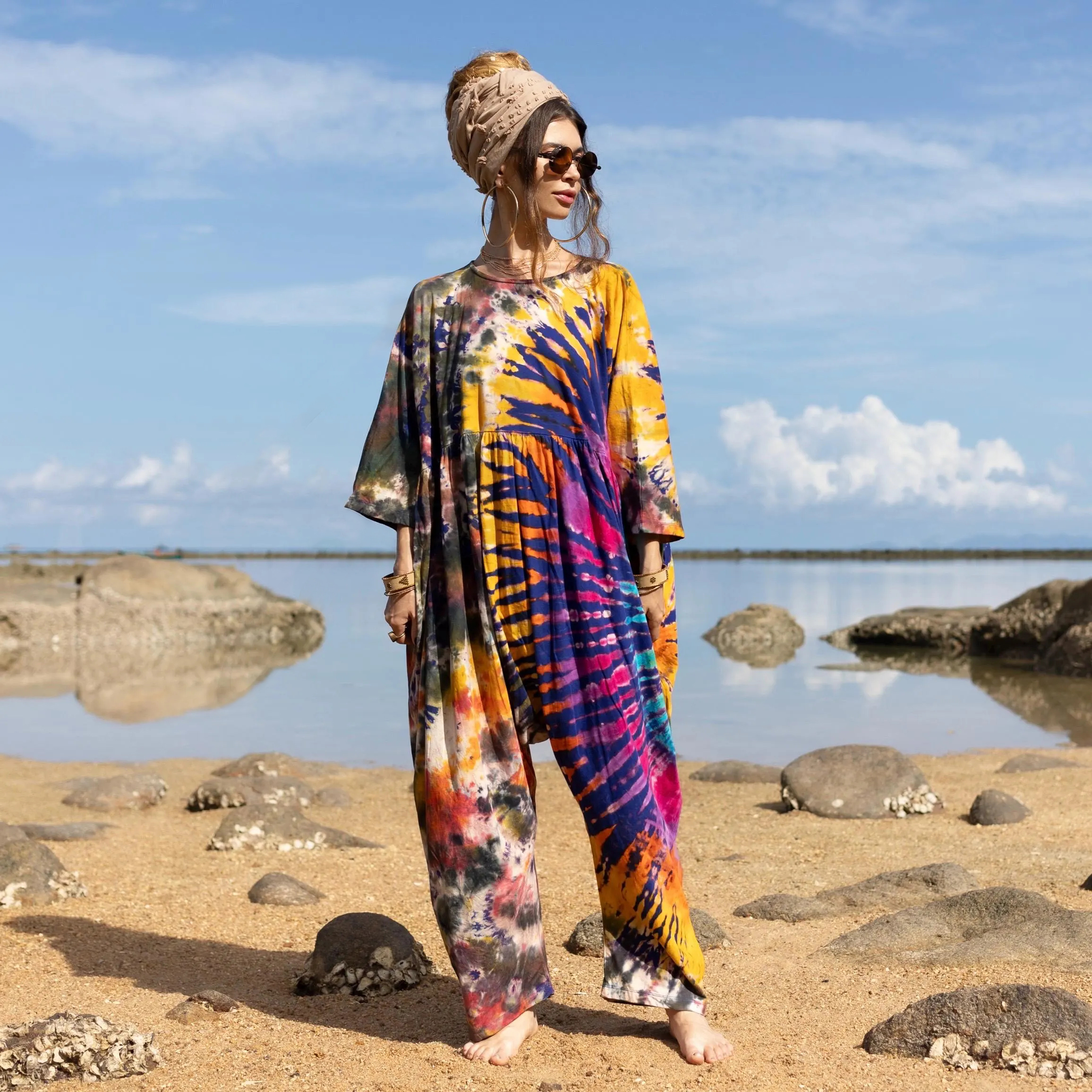 Plus Size Boho Psychedelic Solar Swirl Tie Dye Jumpsuit