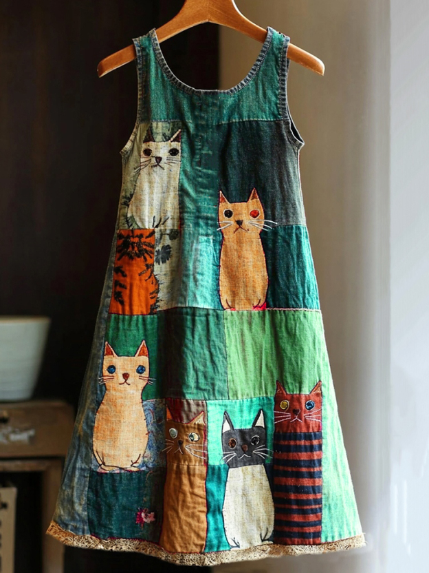 Casual Pop Art Patchwork Cotton and Linen Cat Dress