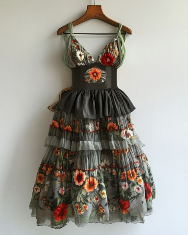 Patchwork Waist Print Princess Dress 1e23