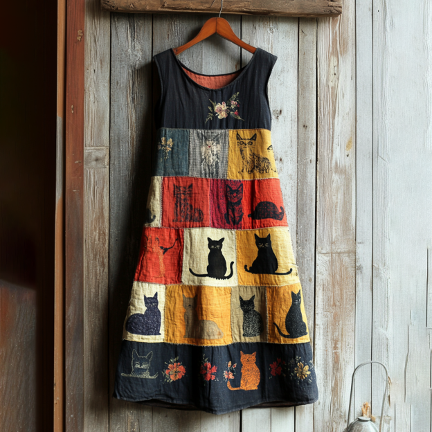 Women's Pop Art Cat Patchwork Design Cotton Line Vest Dress