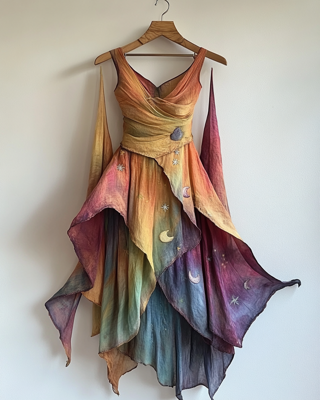 Handmade color block gradient rainbow irregular stars and moon dress 235a
