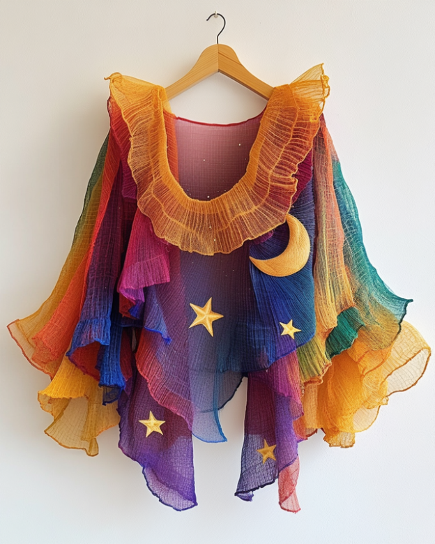 Color-Blocking Rainbow Moon And Stars Ruffle Top 8790