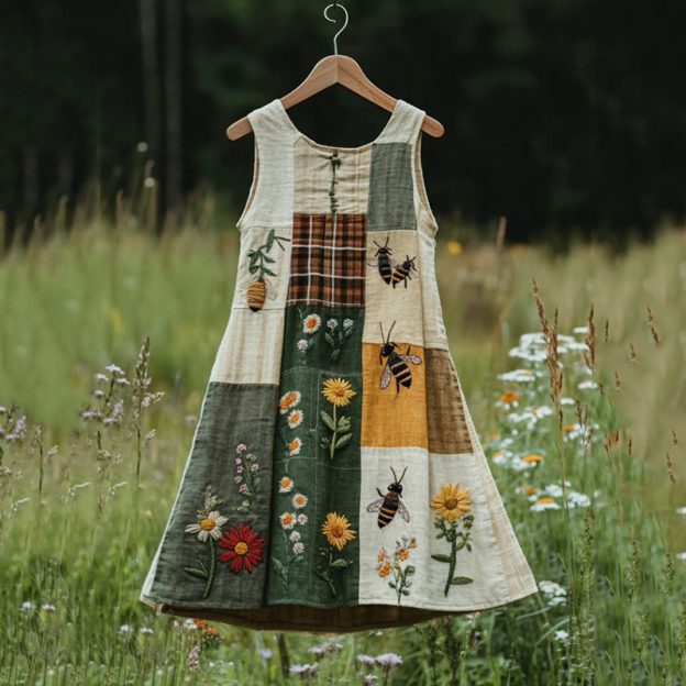 Women's Vintage Bee And Plaid Art Print Sleeveless Dress
