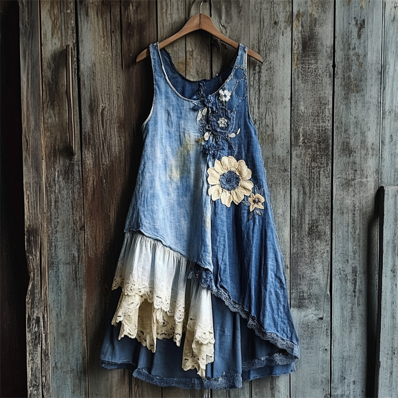 Flowers Denim Textile Lace Patchwork Tank Dress