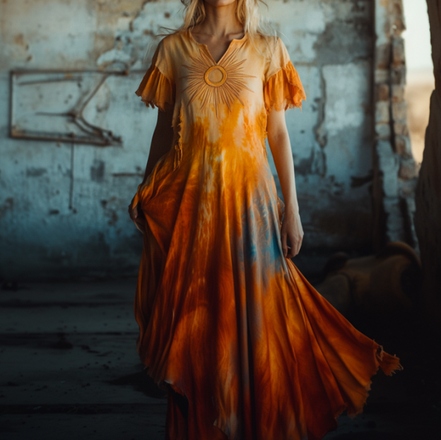 Tie-dye gradient star and moon embroidery retro casual dress 2810