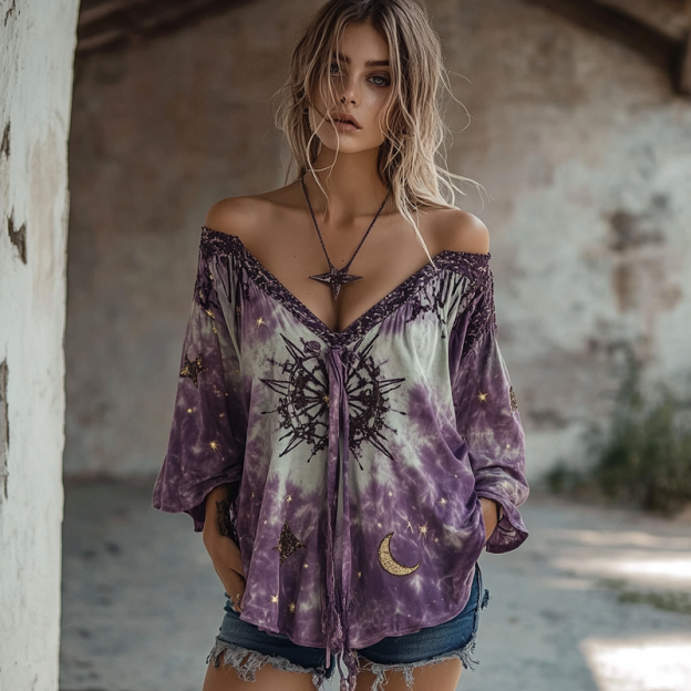 Ethnic handmade star and moon embroidery irregular off-shoulder top ee85
