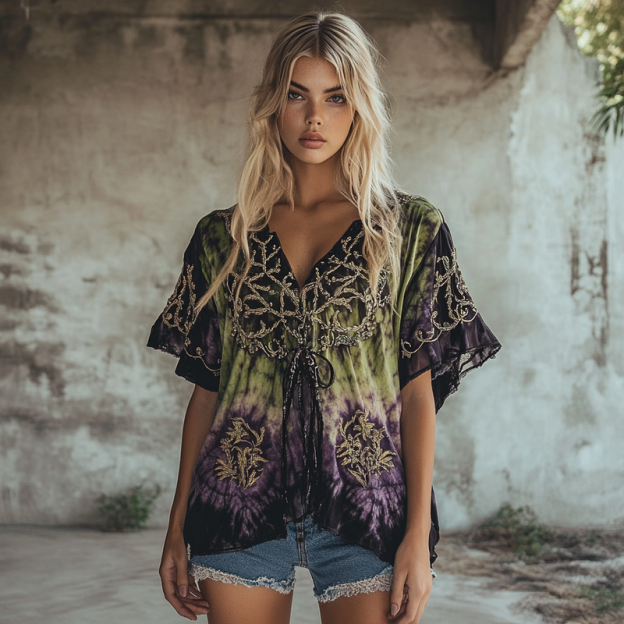 Ethnic handmade star and moon embroidery irregular off-shoulder top e786