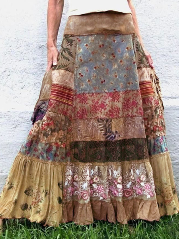 Women's Green Flowers Patchwork Art Linen Blend Skirt