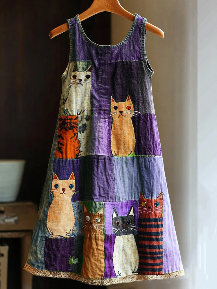 Casual Pop Art Patchwork Cotton and Linen Cat Dress