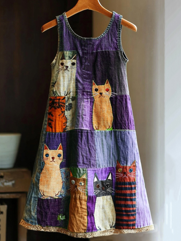 Casual Pop Art Patchwork Cotton and Linen Cat Dress