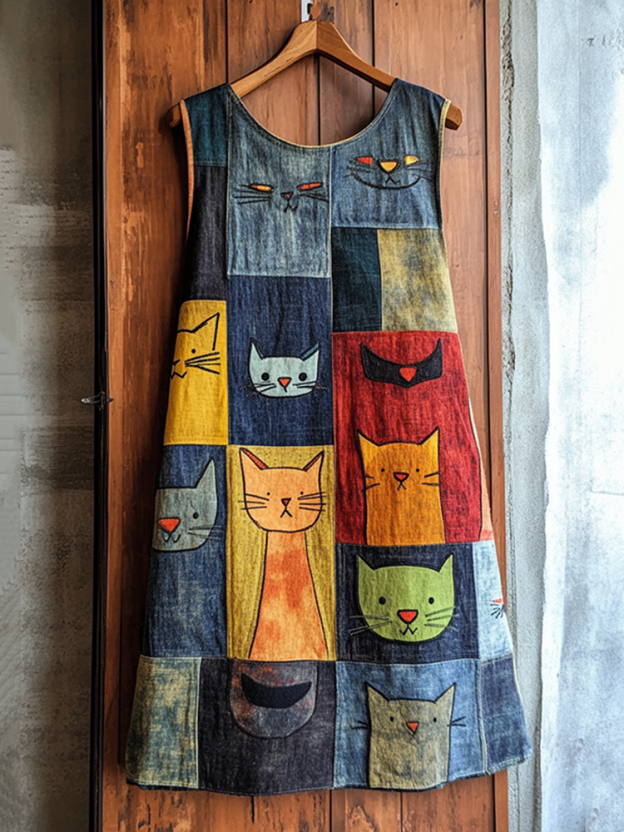 Pop Art Cat Patchwork Cotton and Linen Midi Dress